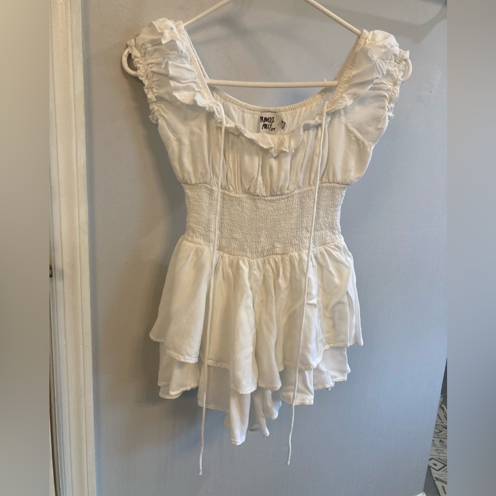 Princess Polly White Love Galore Off The Shoulder Layered Smocked Romper size 2